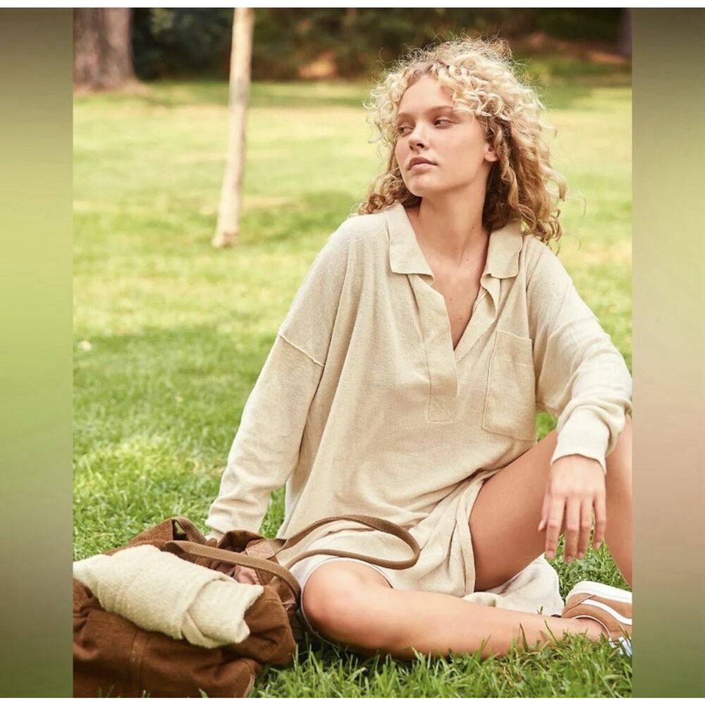FREE PEOPLE Dana Cashmere Wool Luxe Ivory Beige Slit Polo Midi Sweater Dress S - Picture 2 of 12
